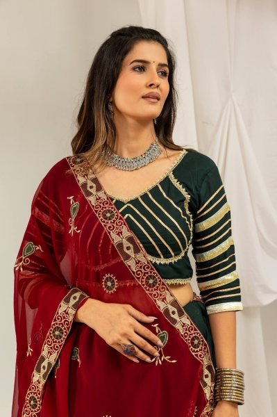 Vibrant Dark Green Navratri Garba Wear Rayon Lehenga Choli with Gota and Canvas Work Navratri Lehnega Choli