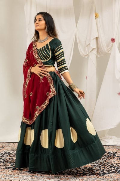 Vibrant Dark Green Navratri Garba Wear Rayon Lehenga Choli with Gota and Canvas Work Navratri Lehnega Choli