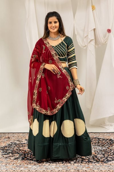 Vibrant Dark Green Navratri Garba Wear Rayon Lehenga Choli with Gota and Canvas Work Navratri Lehnega Choli