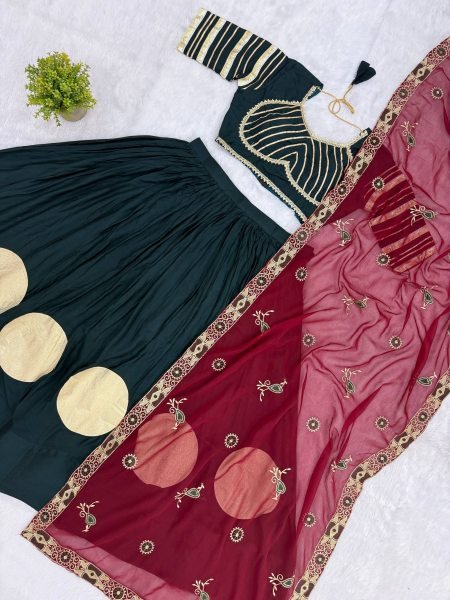 Vibrant Dark Green Navratri Garba Wear Rayon Lehenga Choli with Gota and Canvas Work Navratri Lehnega Choli