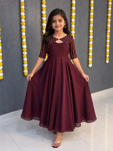 Vibrant Dark Maroon Vichithra Silk Gown Coat Set with Heavy Beads Work