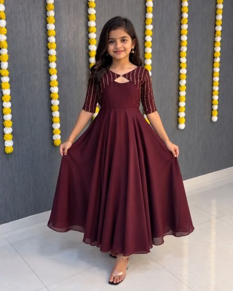 Vibrant Dark Maroon Vichithra Silk Gown Coat Set with Heavy Beads Work Girls Wear