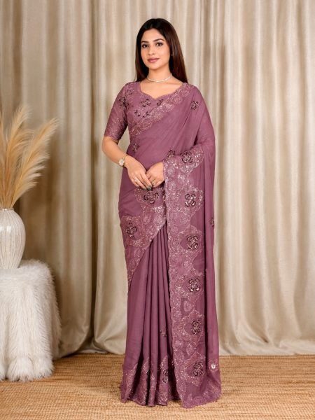 Vibrant Dusty Pink Star Georgette Saree with All Over Beads  Sequins and Thread Work For Wedding Georgette Sarees Wholesale