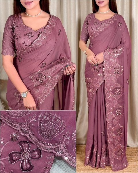 Vibrant Dusty Pink Star Georgette Saree with All Over Beads  Sequins and Thread Work For Wedding Georgette Sarees Wholesale