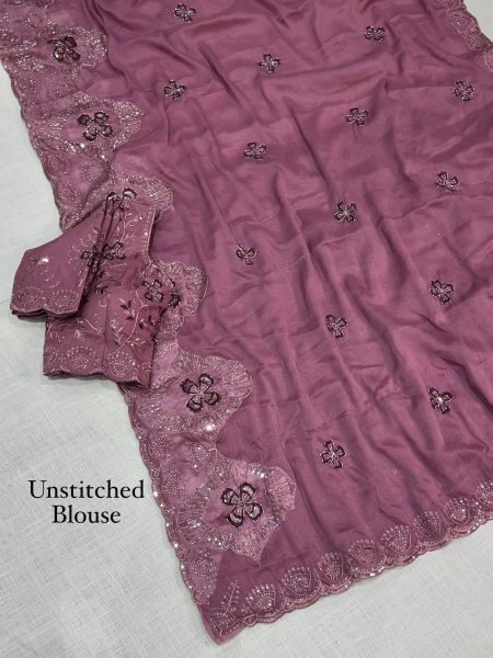 Vibrant Dusty Pink Star Georgette Saree with All Over Beads  Sequins and Thread Work For Wedding Georgette Sarees Wholesale