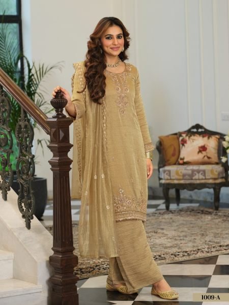 Vibrant Golden Salsa Embroidered Top with Matching Palazzo and Dupatta at Wholesale Rate 