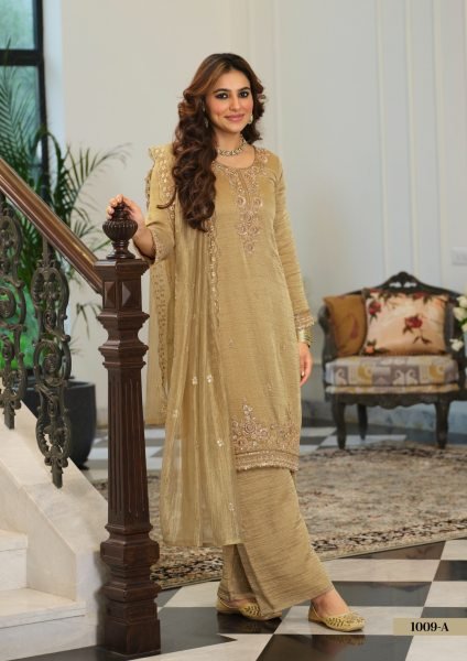 Vibrant Golden Salsa Embroidered Top with Matching Palazzo and Dupatta at Wholesale Rate Designer Plazzo Salwar Suits Wholesale