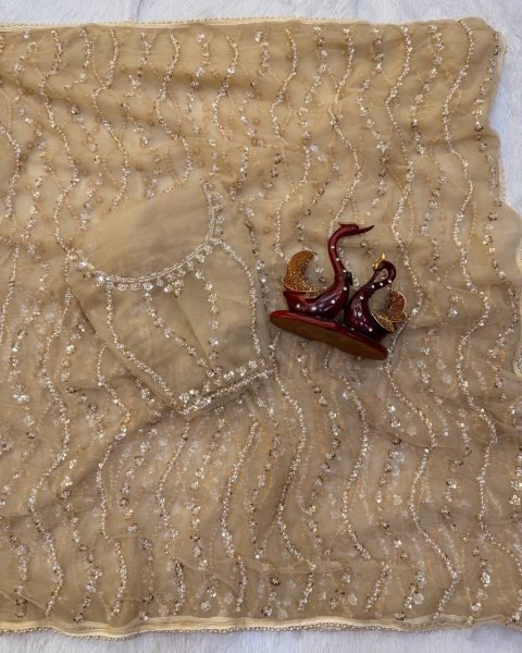 Vibrant Golden Soft Net Saree with Sequins Beads Work and Matching Net Blouse Bollywood Fancy Sarees Wholesale