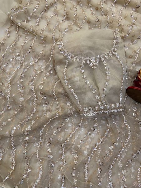 Vibrant Golden Soft Net Saree with Sequins Beads Work and Matching Net Blouse Bollywood Fancy Sarees Wholesale