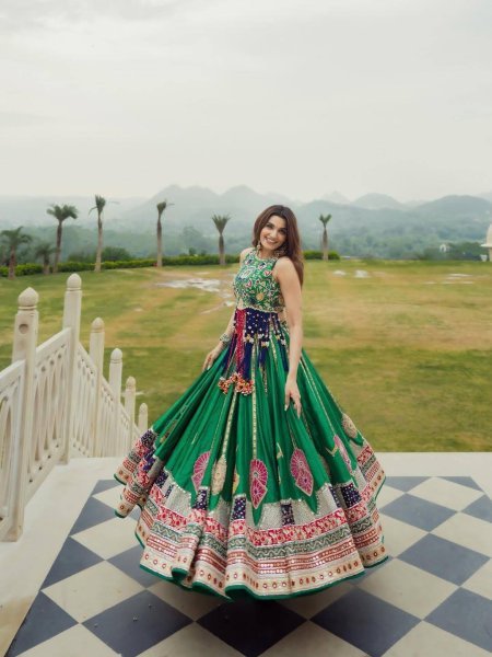 Vibrant Green Digital Print Maslin Cotton Lehenga Choli with Canvas Patta Border Navratri Lehnega Choli
