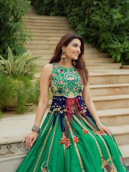 Vibrant Green Digital Print Maslin Cotton Lehenga Choli with Canvas Patta Border Navratri Lehnega Choli