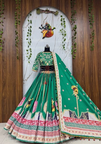Vibrant Green Digital Print Maslin Cotton Lehenga Choli with Canvas Patta Border Navratri Lehnega Choli