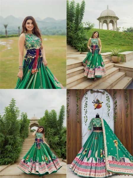 Vibrant Green Digital Print Maslin Cotton Lehenga Choli with Canvas Patta Border Navratri Lehnega Choli