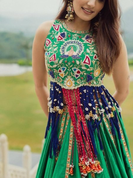 Vibrant Green Digital Print Maslin Cotton Lehenga Choli with Canvas Patta Border Navratri Lehnega Choli