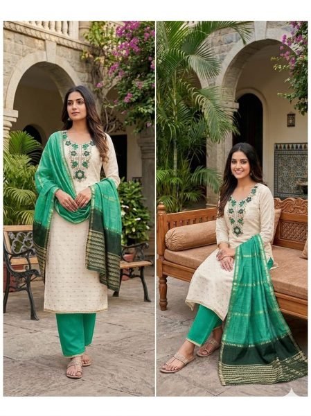 Vibrant Green Ethnic Suit with Santoon Bottom and Chanderi Silk Fancy Dupatta Color Set Matching Dress Material Wholesale