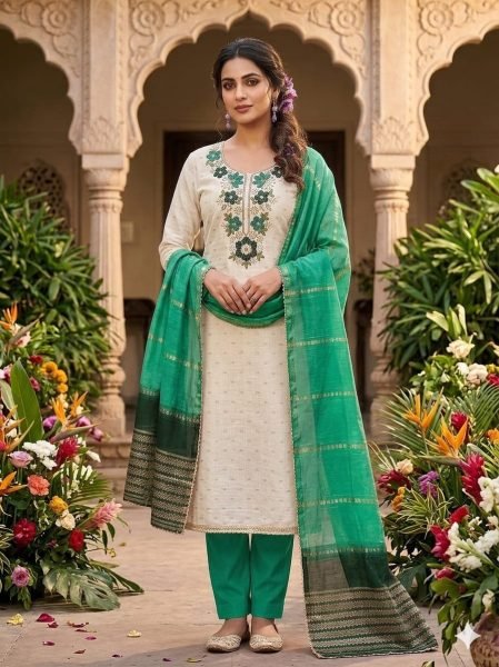 Vibrant Green Ethnic Suit with Santoon Bottom and Chanderi Silk Fancy Dupatta Color Set Matching Dress Material Wholesale