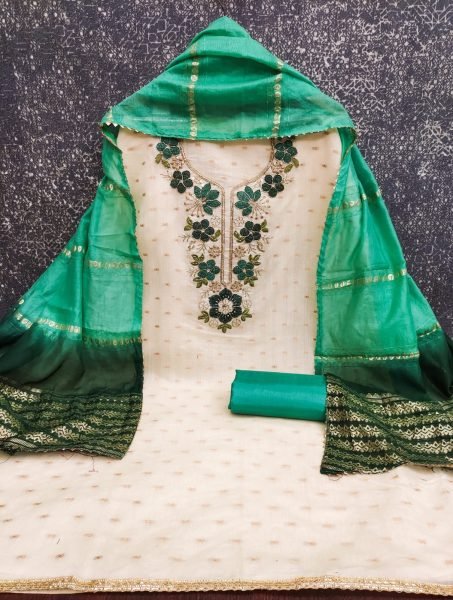 Vibrant Green Ethnic Suit with Santoon Bottom and Chanderi Silk Fancy Dupatta Color Set Matching Dress Material Wholesale