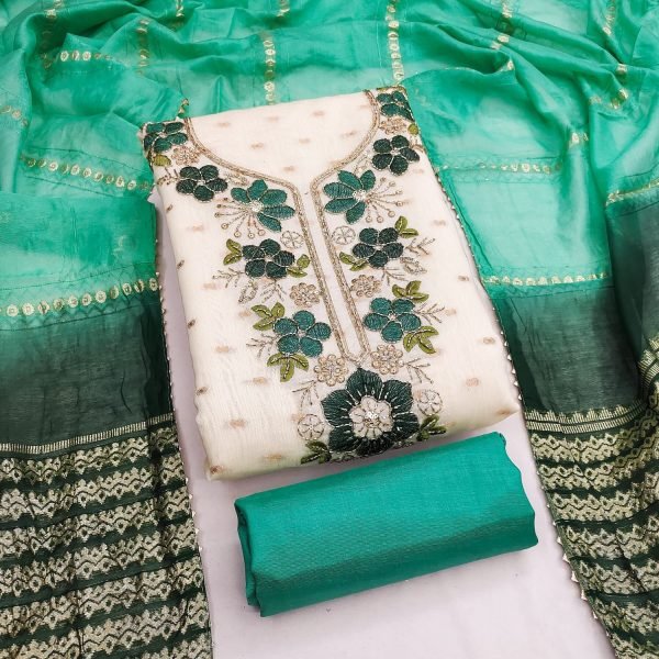 Vibrant Green Ethnic Suit with Santoon Bottom and Chanderi Silk Fancy Dupatta Color Set Matching Dress Material Wholesale