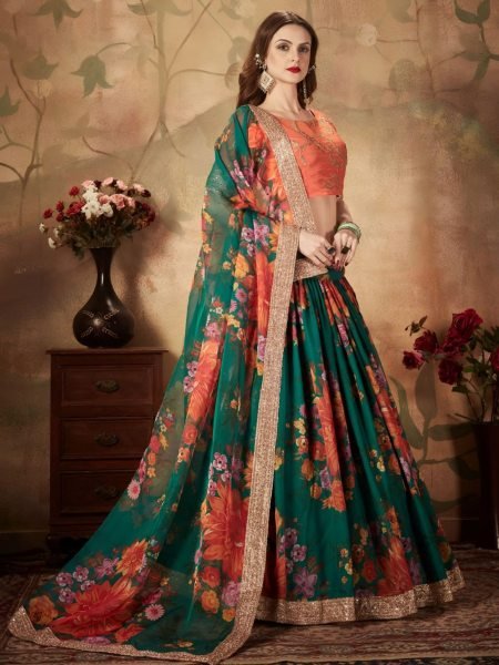 Vibrant Green Lehenga with Orange Embroidered Blouse and Dupatta Designer Lehenga Choli