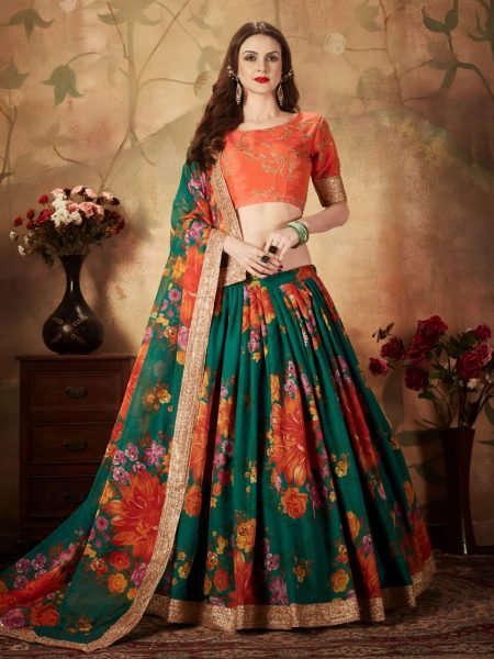 Vibrant Green Lehenga with Orange Embroidered Blouse and Dupatta Designer Lehenga Choli