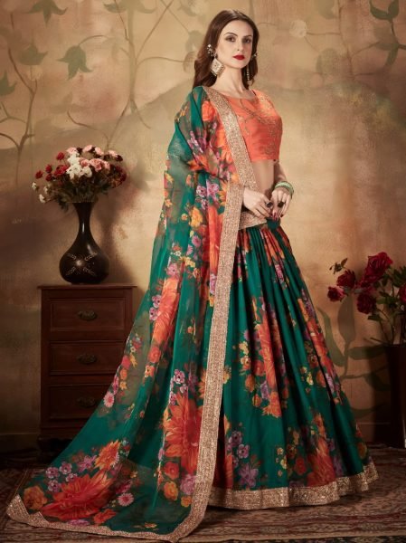 Vibrant Green Lehenga with Orange Embroidered Blouse and Dupatta Designer Lehenga Choli