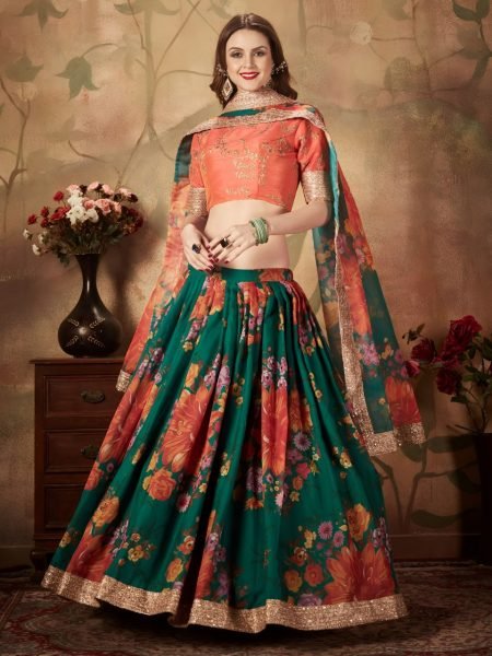 Vibrant Green Lehenga with Orange Embroidered Blouse and Dupatta Designer Lehenga Choli