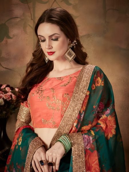 Vibrant Green Lehenga with Orange Embroidered Blouse and Dupatta Designer Lehenga Choli