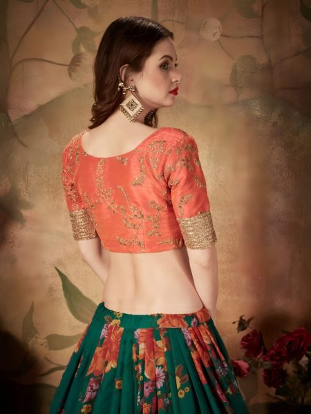Vibrant Green Lehenga with Orange Embroidered Blouse and Dupatta Designer Lehenga Choli