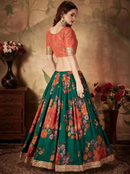Vibrant Green Lehenga with Orange Embroidered Blouse and Dupatta Designer Lehenga Choli