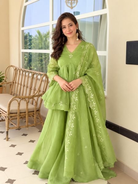 Vibrant Green Salsa Silk Mukesh Work Top Palazzo Dupatta Set for Women Ready To Wear Suit