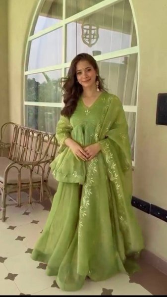 Vibrant Green Salsa Silk Mukesh Work Top Palazzo Dupatta Set for Women Ready To Wear Collection