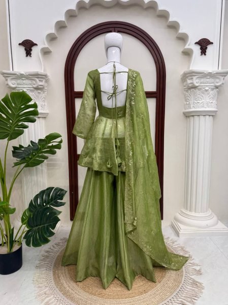 Vibrant Green Salsa Silk Mukesh Work Top Palazzo Dupatta Set for Women Ready To Wear Collection