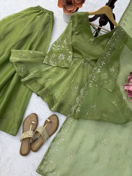 Vibrant Green Salsa Silk Mukesh Work Top Palazzo Dupatta Set for Women Ready To Wear Collection
