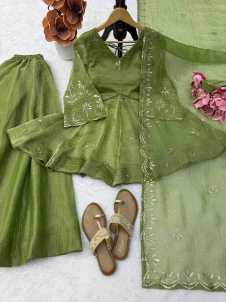 Vibrant Green Salsa Silk Mukesh Work Top Palazzo Dupatta Set for Women Ready To Wear Collection