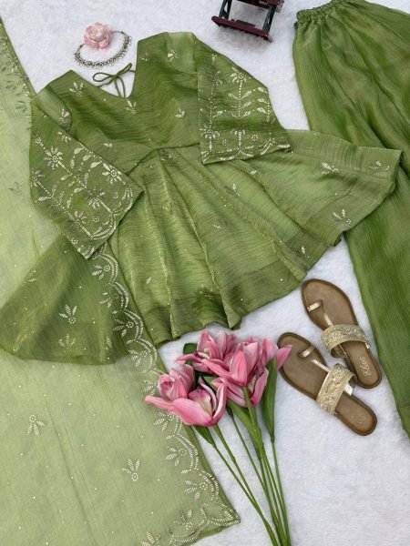 Vibrant Green Salsa Silk Mukesh Work Top Palazzo Dupatta Set for Women Ready To Wear Collection