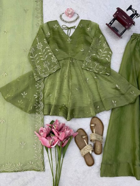 Vibrant Green Salsa Silk Mukesh Work Top Palazzo Dupatta Set for Women Ready To Wear Collection