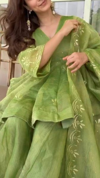 Vibrant Green Salsa Silk Mukesh Work Top Palazzo Dupatta Set for Women Ready To Wear Collection