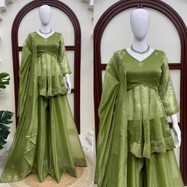 Vibrant Green Salsa Silk Mukesh Work Top Palazzo Dupatta Set for Women Ready To Wear Collection