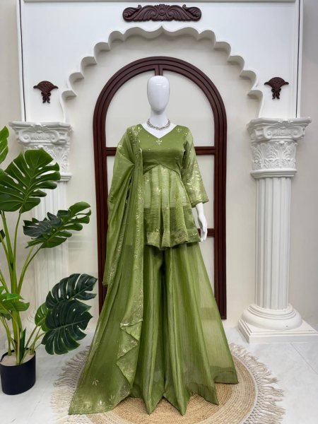 Vibrant Green Salsa Silk Mukesh Work Top Palazzo Dupatta Set for Women Ready To Wear Collection