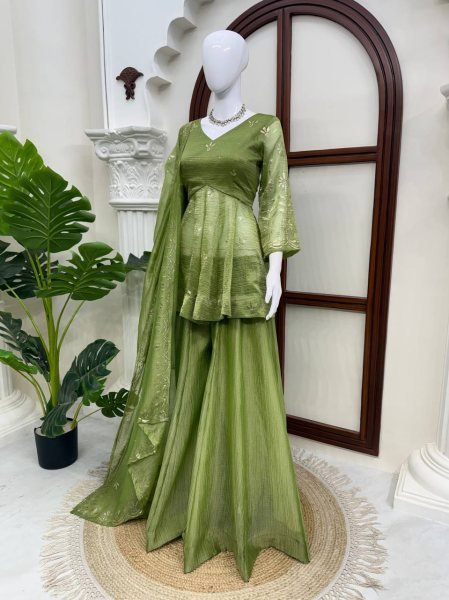 Vibrant Green Salsa Silk Mukesh Work Top Palazzo Dupatta Set for Women Ready To Wear Collection