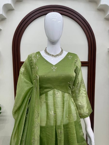 Vibrant Green Salsa Silk Mukesh Work Top Palazzo Dupatta Set for Women Ready To Wear Collection