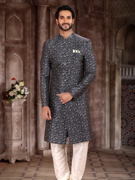 Vibrant Grey-Black Digital Printed Sherwani for Weddings And Formal Events Mens Wear