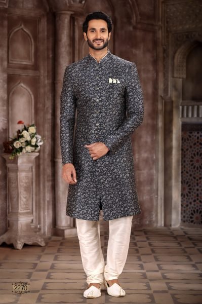 Vibrant Grey-Black Digital Printed Sherwani for Weddings And Formal Events Kurta Pajama Wholesale