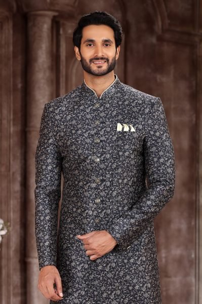 Vibrant Grey-Black Digital Printed Sherwani for Weddings And Formal Events Kurta Pajama Wholesale