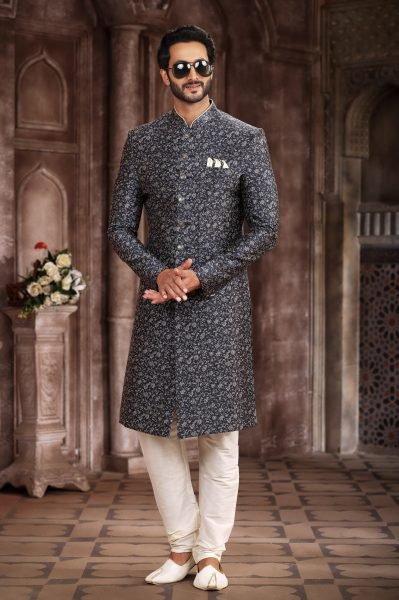 Vibrant Grey-Black Digital Printed Sherwani for Weddings And Formal Events Kurta Pajama Wholesale