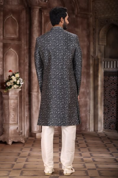 Vibrant Grey-Black Digital Printed Sherwani for Weddings And Formal Events Kurta Pajama Wholesale