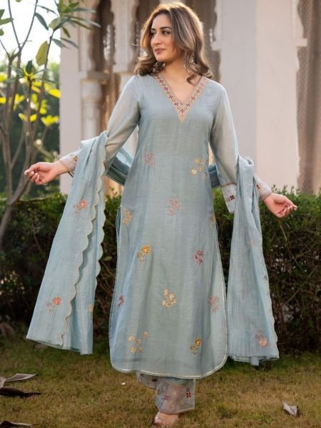 Vibrant Grey Designer Embroidered Roman Silk Kurta with Matching Bottom Kurtis