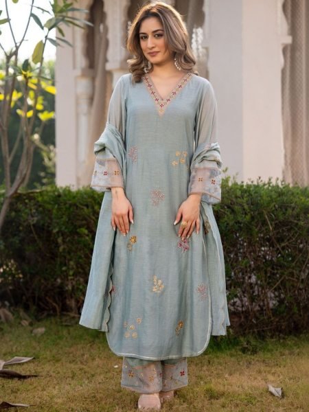 Vibrant Grey Designer Embroidered Roman Silk Kurta with Matching Bottom Embroidery Kurtis 