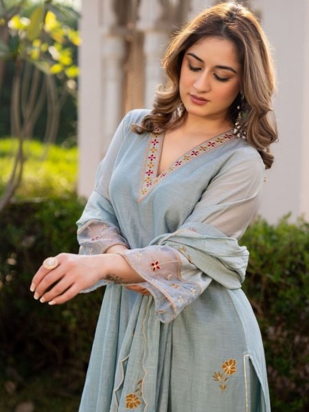 Vibrant Grey Designer Embroidered Roman Silk Kurta with Matching Bottom Embroidery Kurtis 