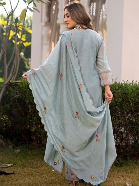 Vibrant Grey Designer Embroidered Roman Silk Kurta with Matching Bottom Embroidery Kurtis 